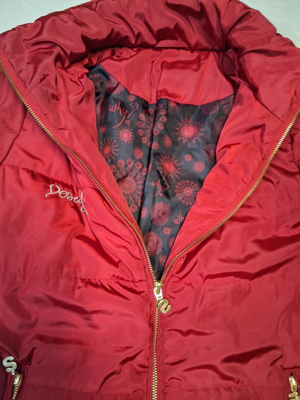 Desigual Red Quilted Long Puffer Coat with Gold Zippers - Picture 6 of 8